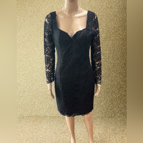 Vintage Dresses & Skirts - vintage 80s black sheer lace bustier long sleeve pencil mini dress-medium/8